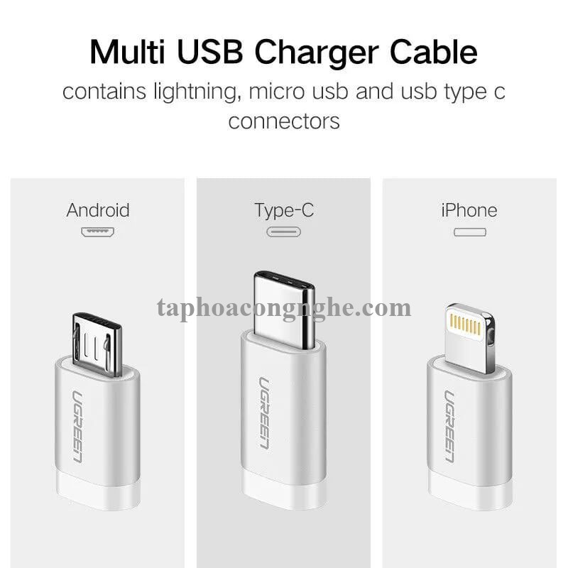 Ugreen 30460 0.5M màu Trắng Cáp sạc đa năng USB sang TypeC + Micro + Lightning US186 30030460